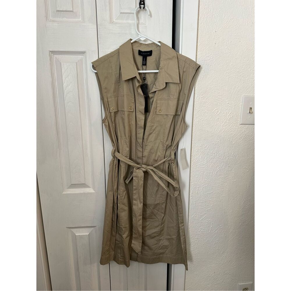 H By Halston Women's Sleeveless Belted Shirt Dress Khaki Size Large NWT